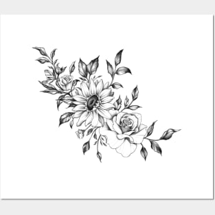 Sun Flower and Roses Tattoo Design Posters and Art